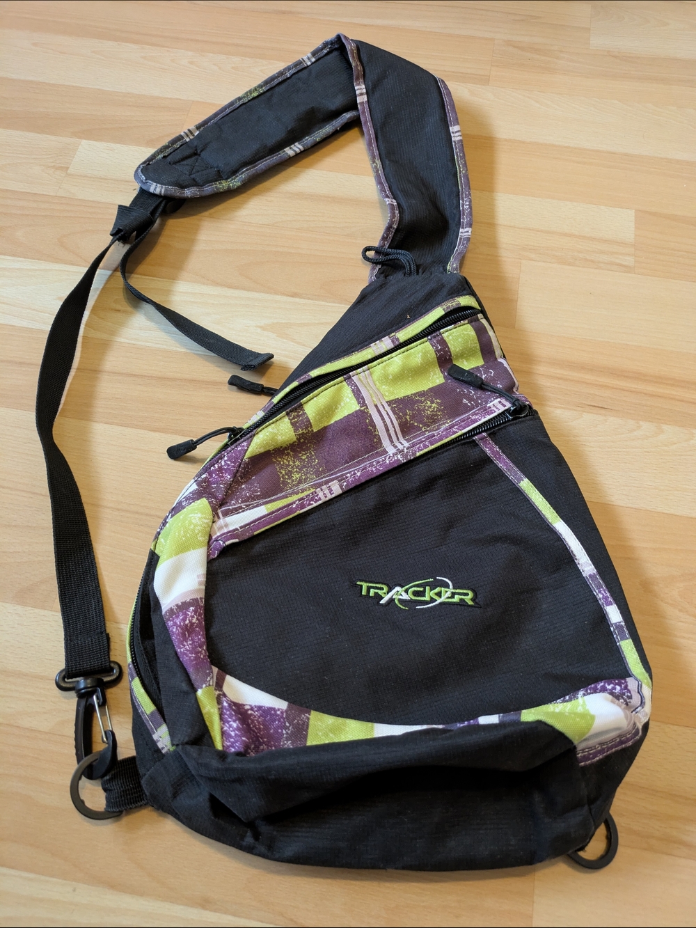 Shoulder Bag Black Sling Bag with Purple & Lime Accent